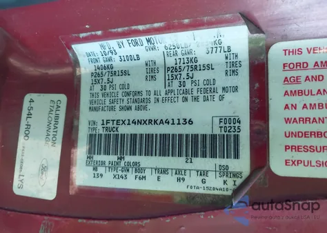 1994 Ford F150 из США, поврежденный, VIN 1FTEX14NXRKA41136